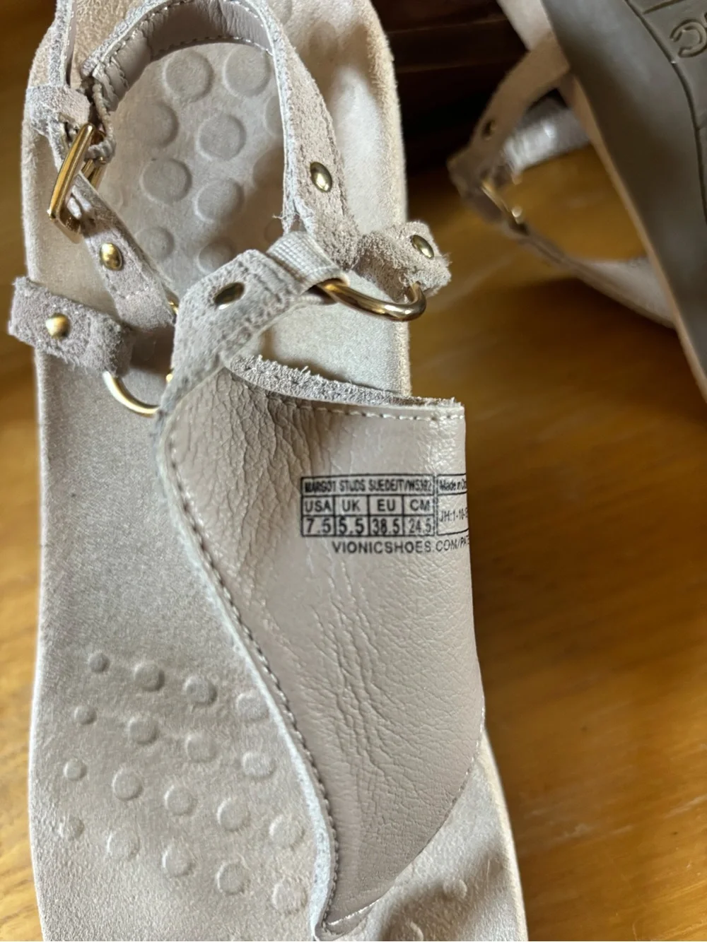 Vionic Taupe Suede Thong Sandals with Gold Studs